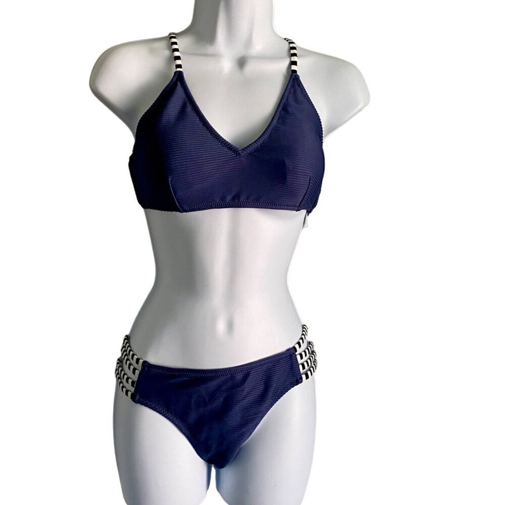 Cupshe Two Piece Blue Ribbed Strappy Low Waist Bikini Swim Suit Medium NEW NWT